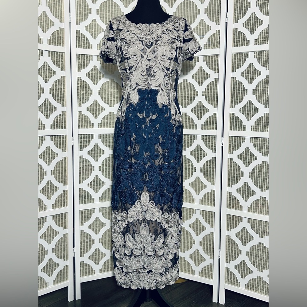 JS COLLECTIONS SIZE 10 GRAY NAVY BLUE JACKIE SOUTACHE MIDI DRESS
